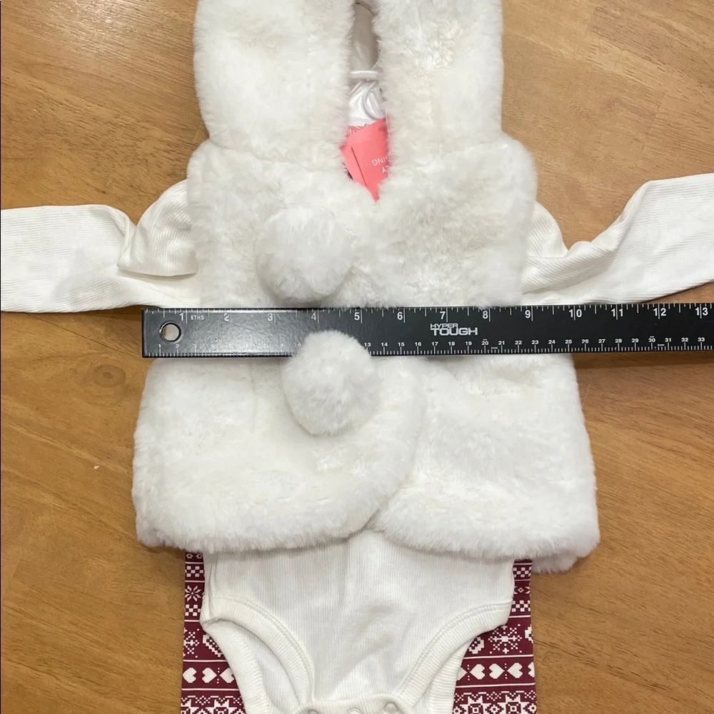 Isaac Mizrahi 3pc White Fur Hooded Vest Body Suit Red Leggings Baby 3-6 months